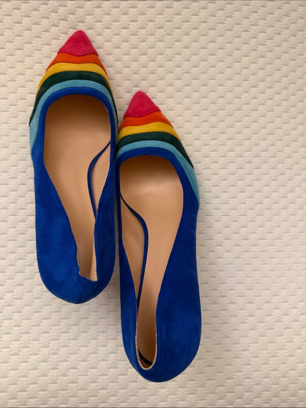 Blue Suede Pointed-Toe Flats with Rainbow Stripe Accent